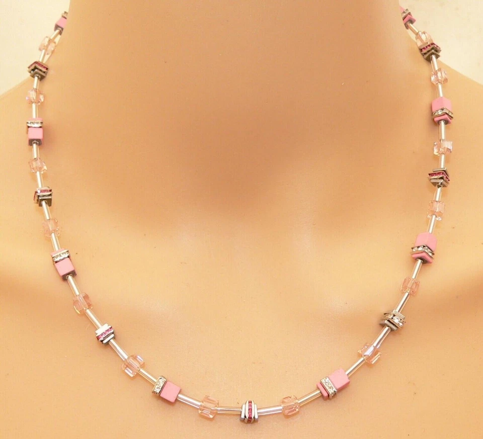 Halskette Würfel Hämatit Quadrat Glas Cube Rosa Strass Kristall Silber 519h - Bild 3 von 4