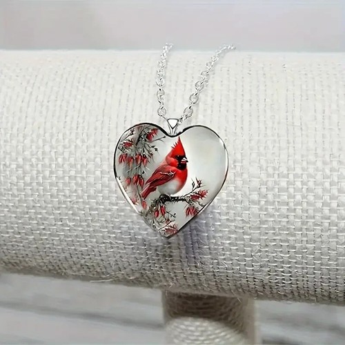 Cardinal Heart Shaped Necklace Jewelry Holiday Gift For Friends Red Bird - Picture 2 of 4