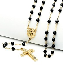 Rosary Black Bead Gold Silver Tone Guadalupe  Jesus Cross 28" Necklace HR 600
