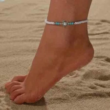 Boho Ocean Style Elastic Anklet Bracelet W/Turtle Shape Beads & Mini Rice Beads