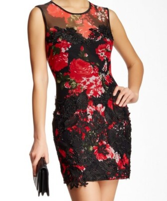 NWT $369 ISSUE New York Floral Applique & Mesh Mini Dress BLACK MULTI ROSE  S M | eBay