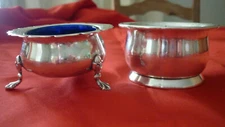 2 X Antique Sterling Silver Open Salts & Glass Liners - Walker & Hall 1901 Plus