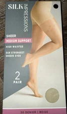 Silk Impressions ~ 2 Pair Women's Pantyhose Beige 30 Denier Sheer ~ M