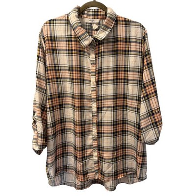 Moa Moa Woman Plaid Button-Up Shirt 3/4 Sleeve Size 2X Blouse