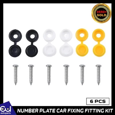 6 x NUMBER PLATE CAR FIXING FITTING KIT SCREWS & CAPS HINGED BLACK YELLOW WHITE - Image 1 of 4