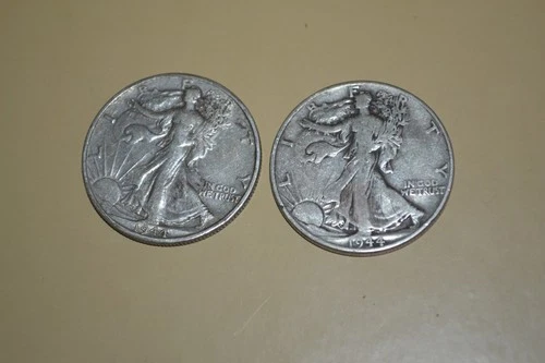 PAIR OF (2) 1944 PHILLY DENVER WALKING LIBERTY HALF DOLLAR COINS 90% SILVER F XF