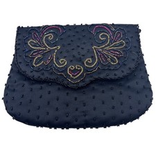 Vintage LeRegale Black Satin Beaded Evening Clutch Bag Flap Formal Wedding Bag