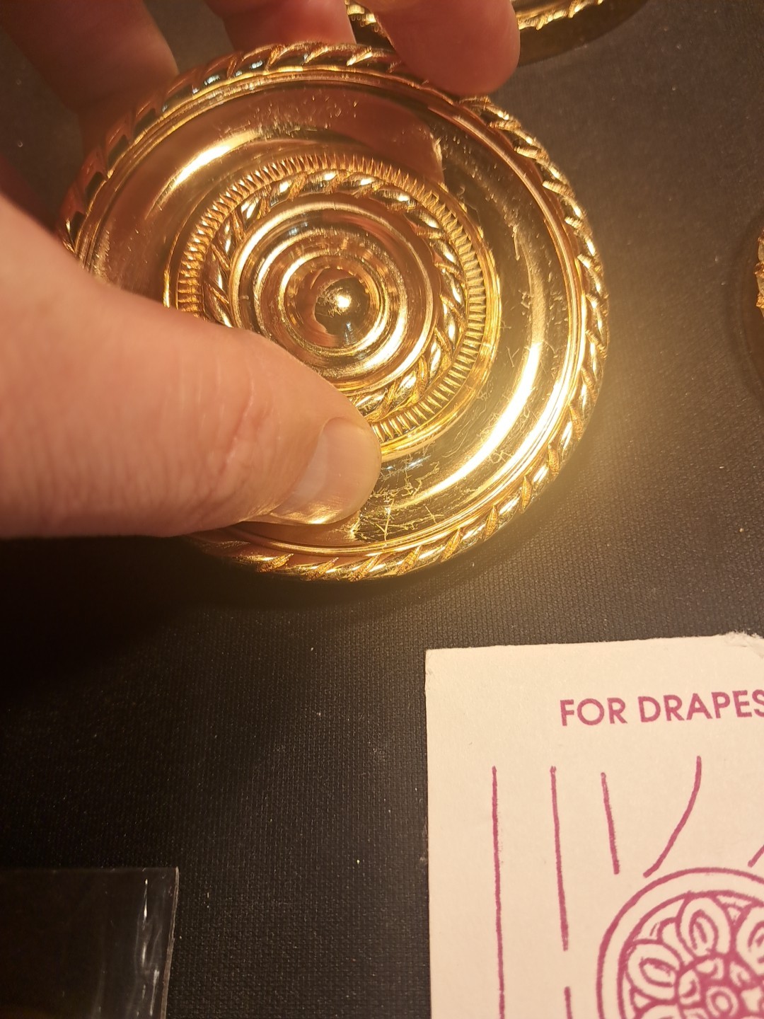 5  Vintage Brass Medallion Round Curtain Tie Backs 3 3/8” long 3" Diameter