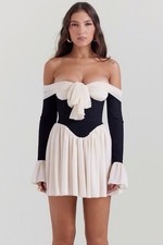 HOUSE OF CB Alana Off Shoulder Mini Dress Cream Black Chiffon Bow Ruffle S