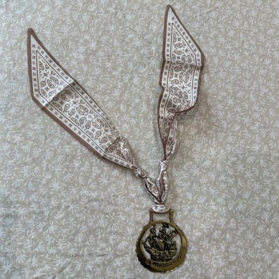 Vintage Horse Brass Medallion Scarf Necklace Pendant - Mayflower Ship UK England