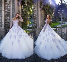 Customized Purple white Wedding Dress Lace Appliques A-Line Tail Floor Bridal