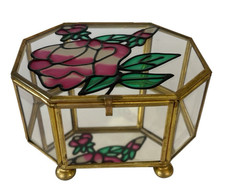 Vintage Stained Glass Rose Brass Hexagon Mirror Footed Jewelry Trinket Box