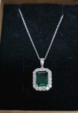 2 ct Emerald .5 ct Diamond, Lab Grown, Sterling Silver Pendant Chain Necklace