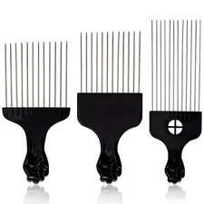 Stylish 3-Piece Black Metal Afro Hair Pick Set: Stainless Steel Wide-Tooth USA