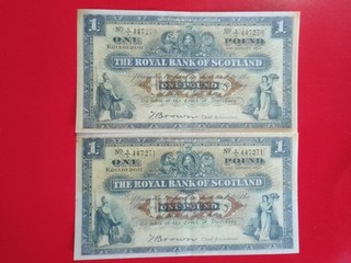 VINTAGE ROYAL BANK OF SCOTLAND £1 X 2 DATED 1951 S1 447270 & S1 447271 EF BROWN