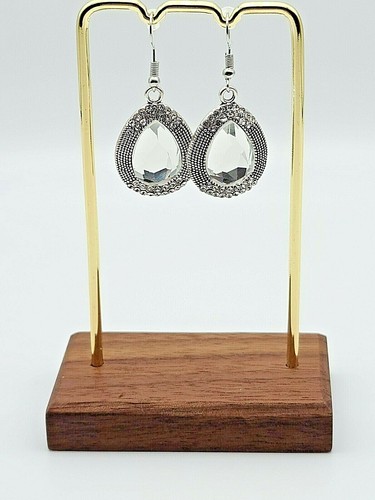 Silver Shimmering Teardrop Dangling Earrings w Clear Crystals - Picture 2 of 6