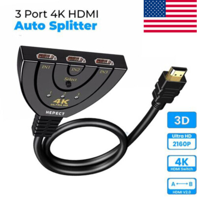 4K HDMI 2.0 Cable Auto Switch Switcher Splitter Adapter 3 In to 1 Out Devices  