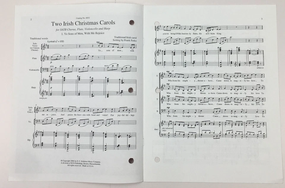 Two Irish Christmas Carols SATB Chorus Flute Cello Harp Sheet Music Frank Ferko - Image 3 of 4
