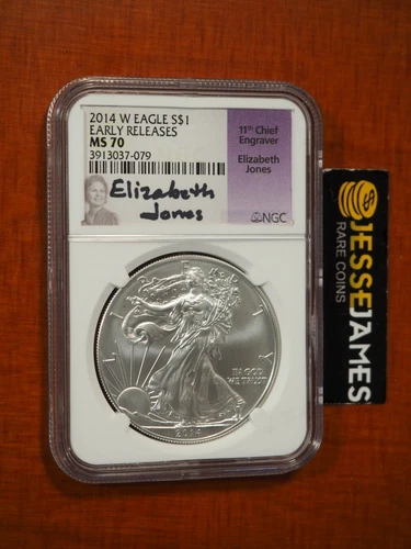 2014 W BURNISHED SILVER EAGLE NGC MS70 EARLY RELEASES ELIZABETH JONES SIGNED