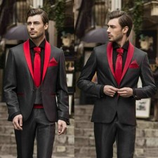 Black Men Suits Red Shawl Lapel 2 Pcs Wedding Groomsmen Tuxedos Tailored Fitted