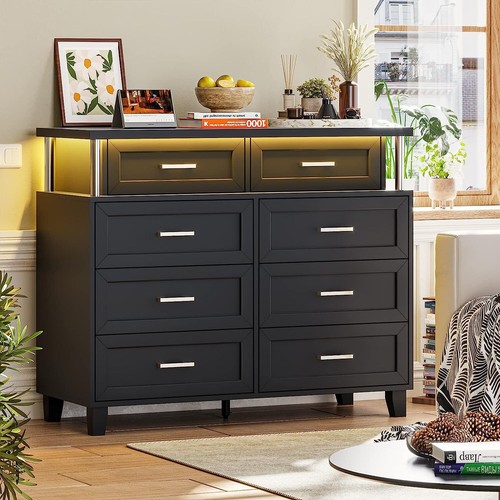 Dresser for Bedroom with LED Light Modern Chest of Drawers Wood Black Dresser - Picture 12 of 16