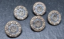 5 ANTIQUE LOOP SHANK BUTTONS: ROUND FLORAL WITH PETITE CLEAR INSERTED PETALS