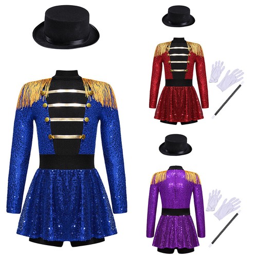 Kids Girls Circus Ringmaster Costume Outfit Shiny Sequin Performance Fancy Dress - Afbeelding 1 van 32