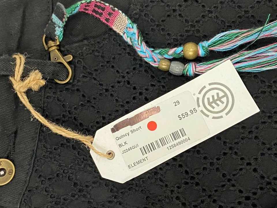 Pantalón Corto $60 Element Quincy Boho Superposición de Ojales Negro Talla 29,30 Nuevo con Etiquetas Borla Jr Foto 2 de 4