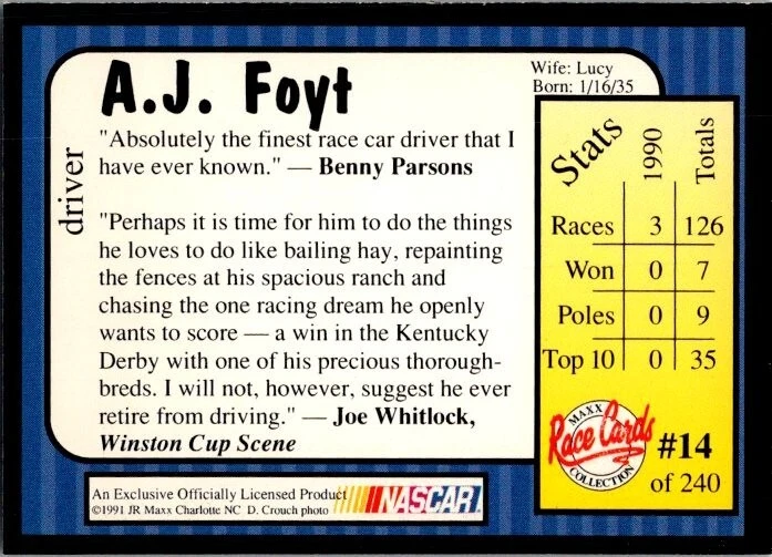 1991 Maxx Collection - #14 A. J. Foyt Driver - Image 2 of 2
