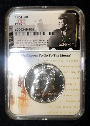 1964 KENNEDY HALF DOLLAR NGC PF 69 "WE CHOOSE TO GO TO THE MOON" INSERT