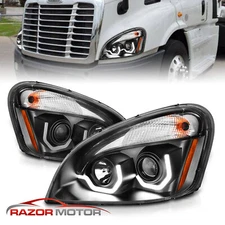 2008-2017 LED Plank Bar Black Projector Headlights Set For Freightliner Cascadia
