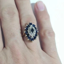 Women's Ring Antique Blue Sapphires Diamonds Cocktail 10K Solid Yellow Gold 5.75