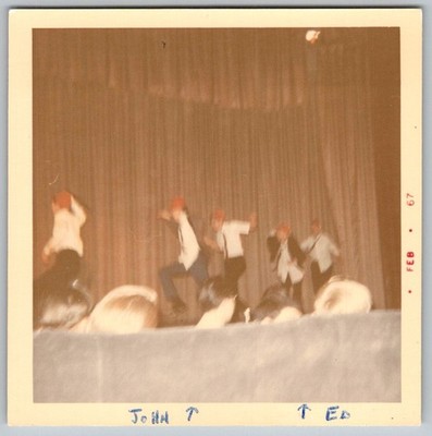 Vtg Color Snapshot Teenage Boys Dancing On Stage In Red Hats White Shirts 1967