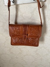 Brown Floral Embossed Leather Tooled Shoulder Bag, Buckle, Adjustable Strap