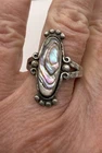Vintage Signed Ring Sterling Silver Abalone Shell Long Oval Beaded Size 7.25