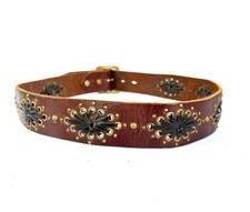Unstamped HTC Vintage Cognac Brown Black Lace Flowers Brass Leather Belt S M 33