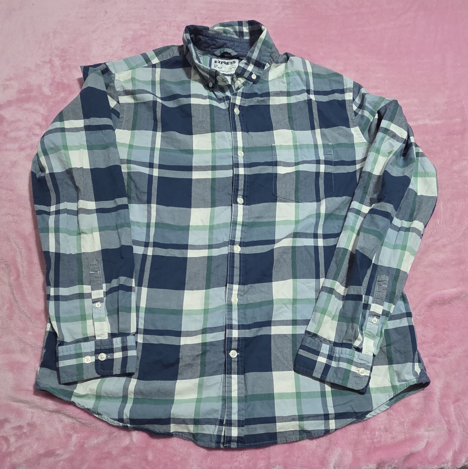 Express Slim Soft Wash Plaid Cotton Woven Button-Down Shirt Men's XL Pockets
