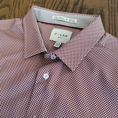 C-Lab NYC 4 Way Stretch Button Up Shirt Mens XL White Red Slim Fit Pattern NWOT