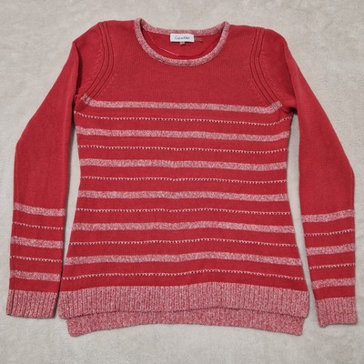 Calvin Klein Pullover Damen S Rot Struktur Strick Gestreift Pulli Rundhals