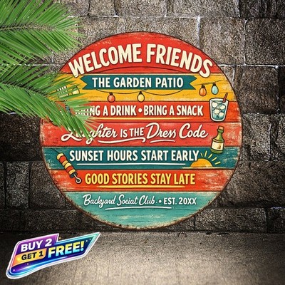 Welcome To Our Patio Colorful Vintage Round Metal Sign 8x8 Outdoor Wall Decor