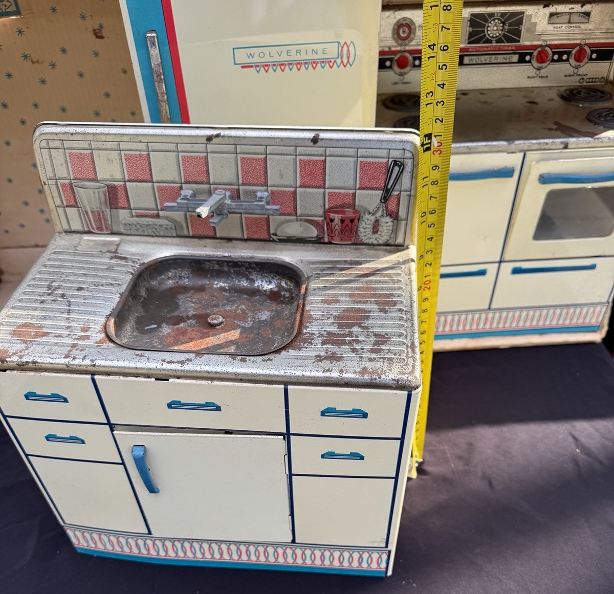 Vintage WOLVERINE Kitchen 3 toy Play Set Refrigerator Stove Sink