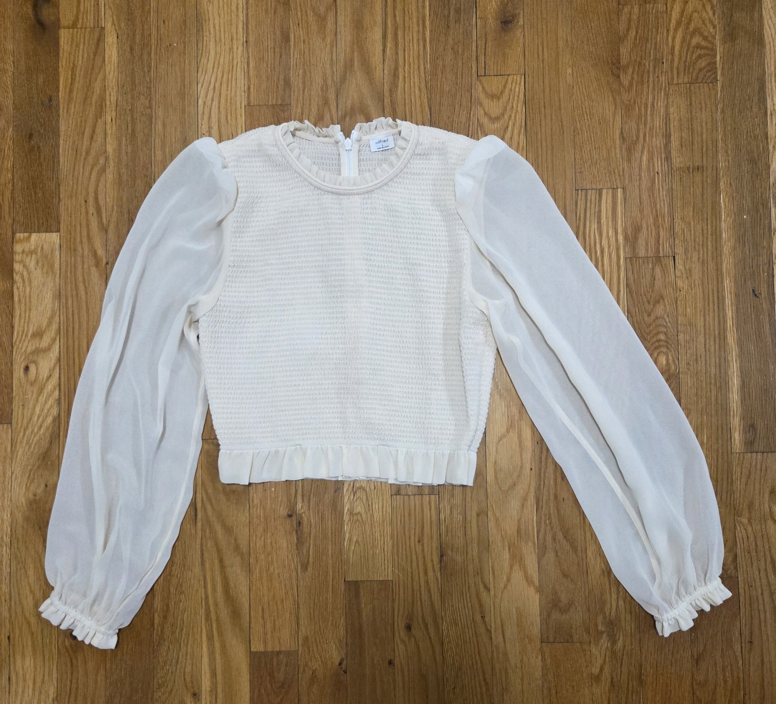 Wilfred Aritzia Tempest Smocked Chiffon Long Sleeve Ruffle Blouse Cream  Small