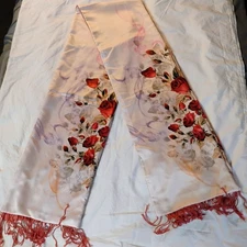 100% Silk and Cashmere Reversible Blanket Scarf w/Fringe Rose Pink Floral Print