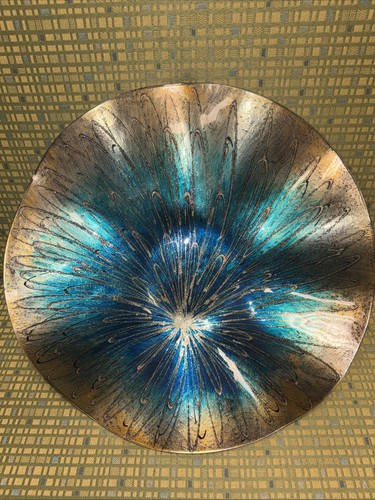 Decorative Wavy Glass Bowl Reflective Shimmers W/ Warm Gold & Teal Tones 16”x2” - Afbeelding 1 van 9