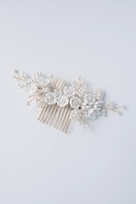 Floral Pearl Wedding Hair Comb, White Ceramic Flowers with Gold Accents, Brid...