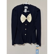 VTG NWT Navy Knitted Jacket Cardigan with Satin Bow Women's Size 8 Coquette 90s