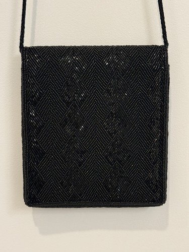 VTG Towanny Black Beaded Evening Bag Chevron Diamond Clutch Crossbody 1980s