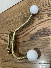 Vintage Brass Wall Mount Double Hooks w/ Porcelain Balls