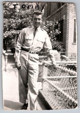 Vtg B&W Snapshot Handsome US Army Soldier Tommy Military Uniform Tie Belt 1953