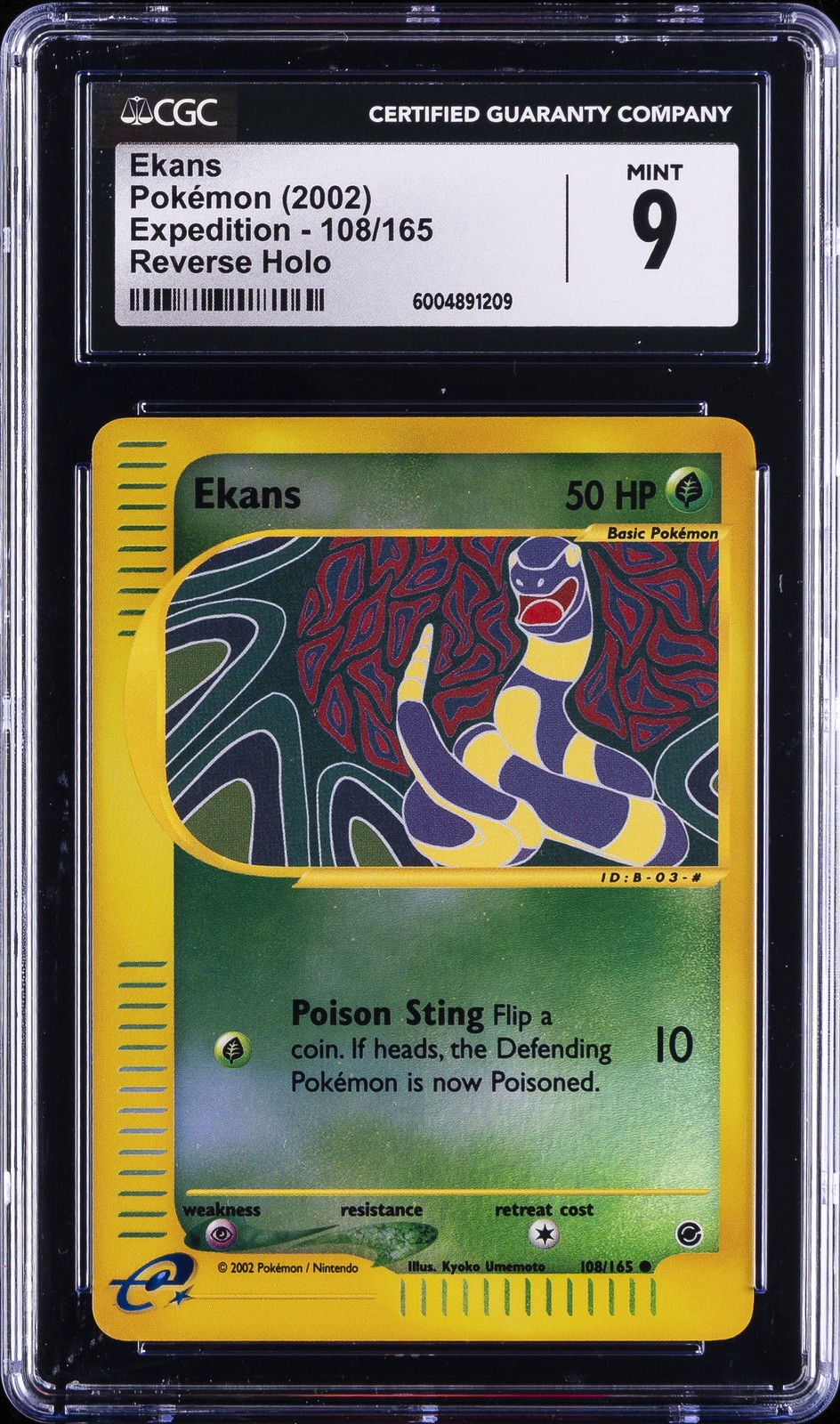 2002 POKEMON EXPEDITION, REVERSE HOLO #108/165 EKANS CGC 9